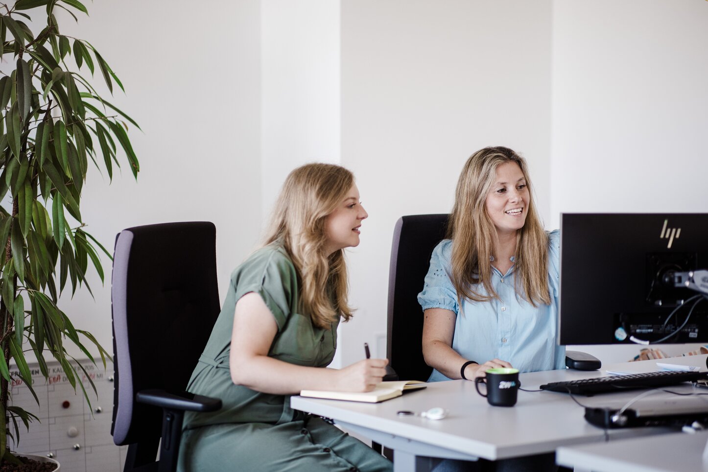 Mitarbeiterinnen beim 2W Doku-Check Zwei Mitarbeiterinnen bei der Arbeit vor einem Computer beim 2W Doku-Check