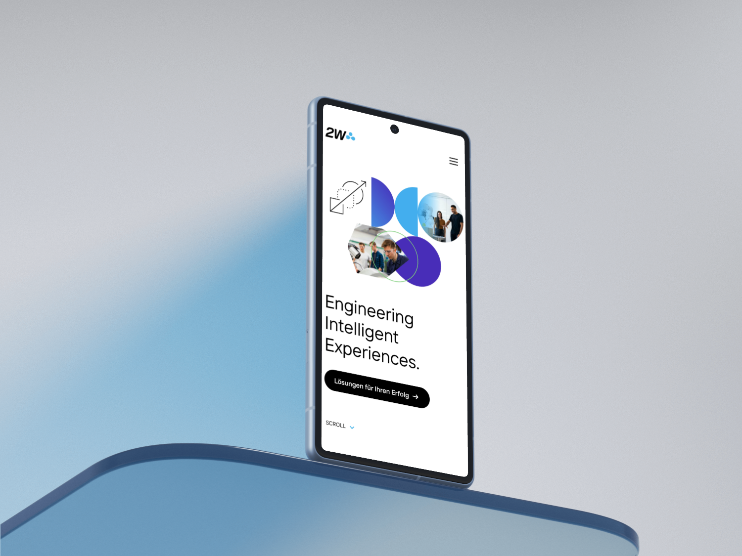 Mobiles Mock up von der 2W Unternehmenswebseite Ein Smartphone Mock up zeigt die mobile Ansicht einer Unternehmenswebseite mit dem Slogan 'Engineering Intelligent Experiences.